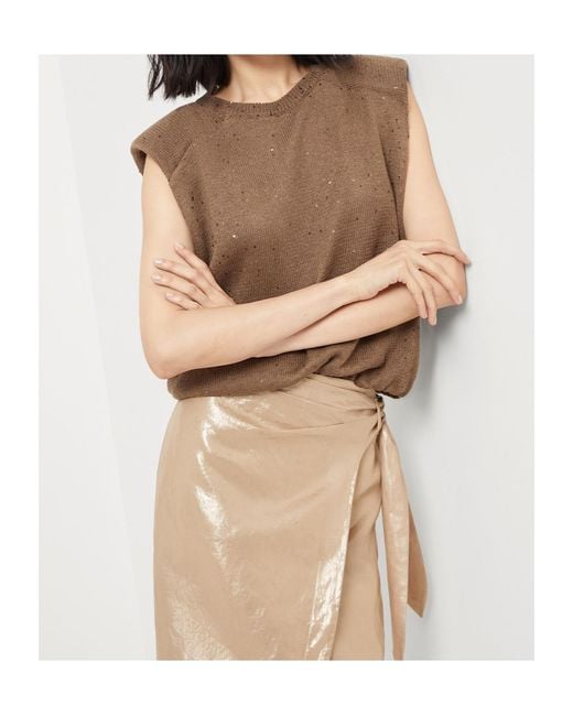 Brunello Cucinelli Brown Sequin-Embellished Knitted Top