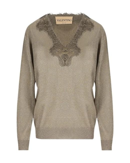 Valentino Gray V-Neck Long-Sleeved Knit Top