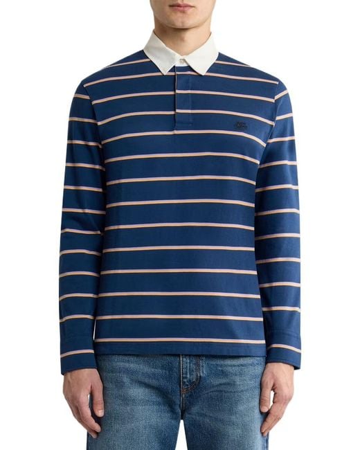 Etro Blue Long-Sleeved Cotton Polo Shirt With Shirt Collar And Striped Motif for men