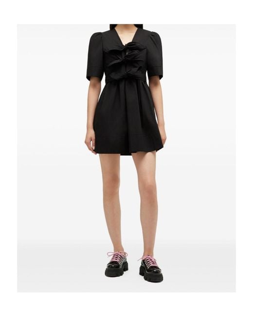 Ganni Black Bow Detailed V-Neck Mini Dress