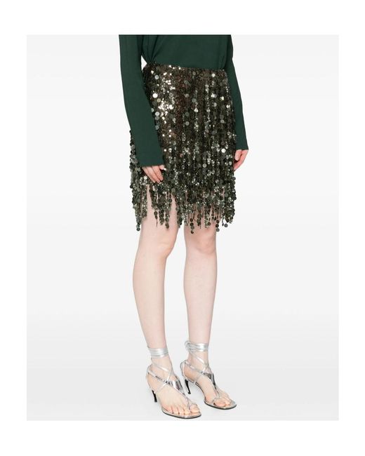 Blumarine Green Sequin-Embellished Fringed Mini Skirt