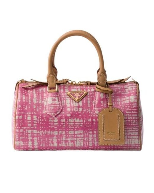 Prada Pink Small Linen Blend And Leather Top-Handle Bag