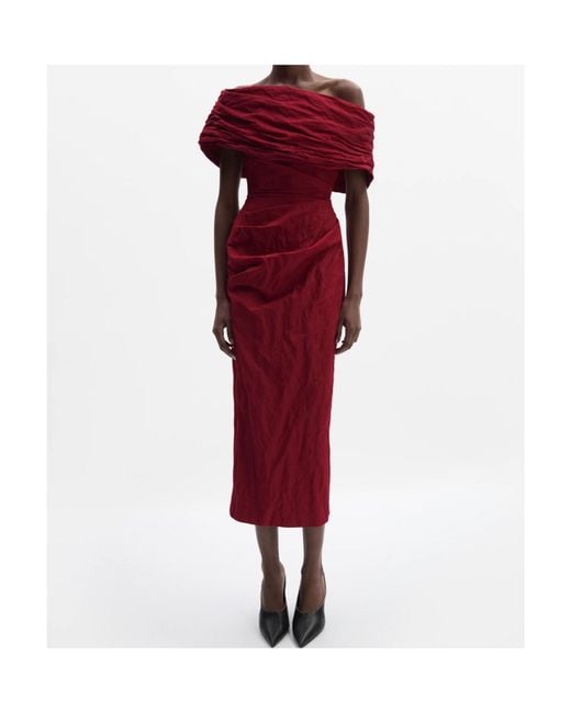 Magda Butrym Red Draped Off-Shoulder Dress