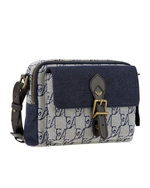 Emporio Armani Blue Monogram Flap Shoulder Bag for men