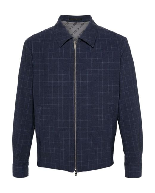 Boss Blue Checked Zip-Up Shirt Jacket for men