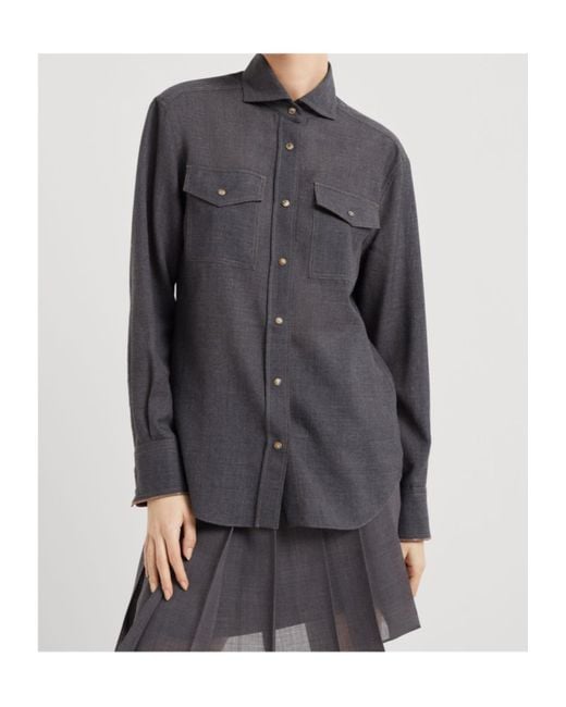 Brunello Cucinelli Blue Monili-Trim Button-Up Shirt