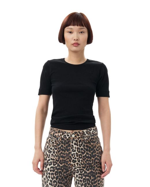 Ganni Black Butterfly Embroidered Crewneck Knitted T-Shirt