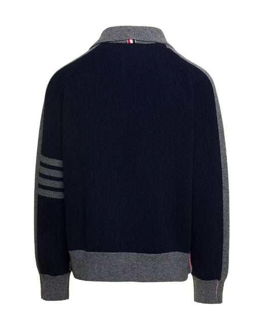 Thom Browne Blue Mock-Neck-Bar Stripe Jumper for men