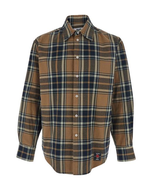 MSGM Gray Long Sleeved Checked Shirt for men