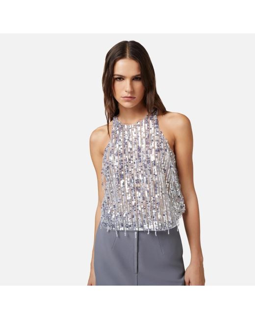 Elisabetta Franchi White Sequin Embellished Cropped Tulle Top