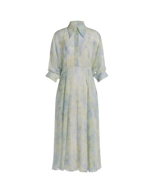 Alberta Ferretti White Chiffon Shirt Dress With Floral Print