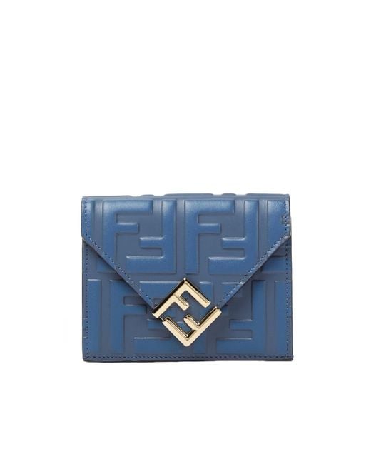 Fendi Blue Logo Plaque Embossed Tri-Fold Wallet