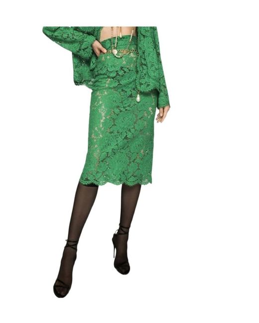 Dolce & Gabbana Green High-Waisted Laced Midi Skirt
