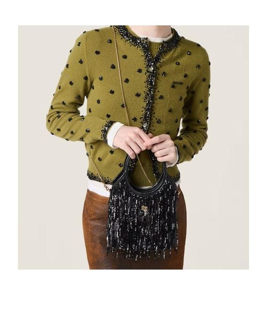 Miu Miu Black Ivy Satin Handbag With Crystal And Sequin Fringe