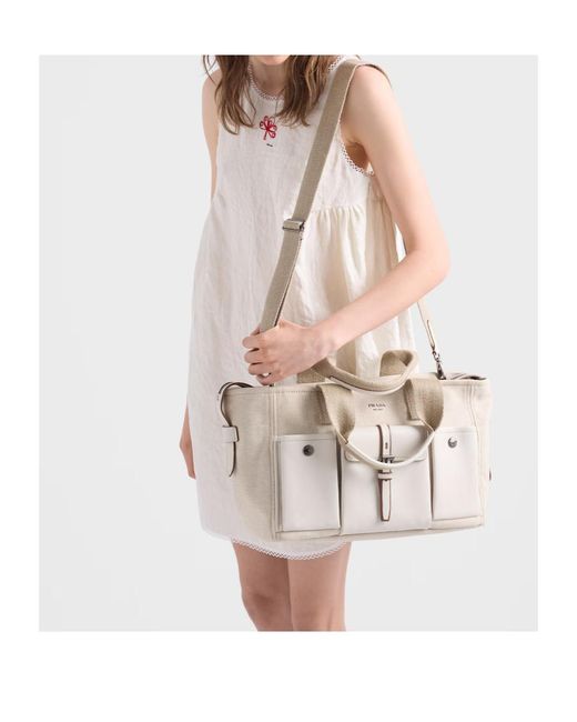 Prada Natural Route Large Canvas And Leather Tote Bag