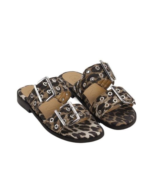 Ganni Multicolor Leopard Denim Feminine Buckle Two-Strap Sandals