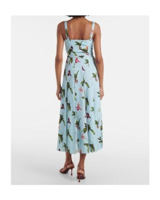 Oscar de la Renta Blue Floral Belted Cady Midi Dress