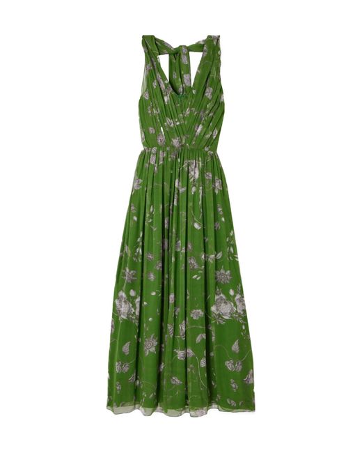 Erdem Green Shawl-Style Pleated Printed Dress