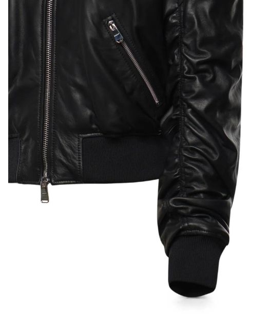 Dondup Black Ruched Leather Bomber Jacket