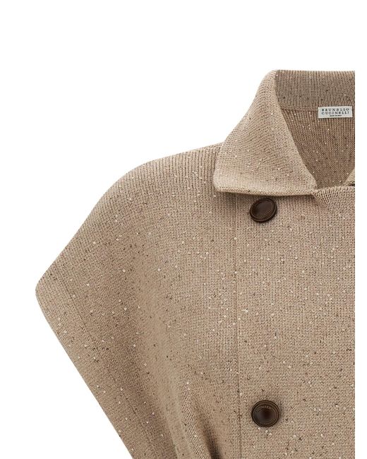 Brunello Cucinelli Natural Sequin-Application Double-Breasted Coat