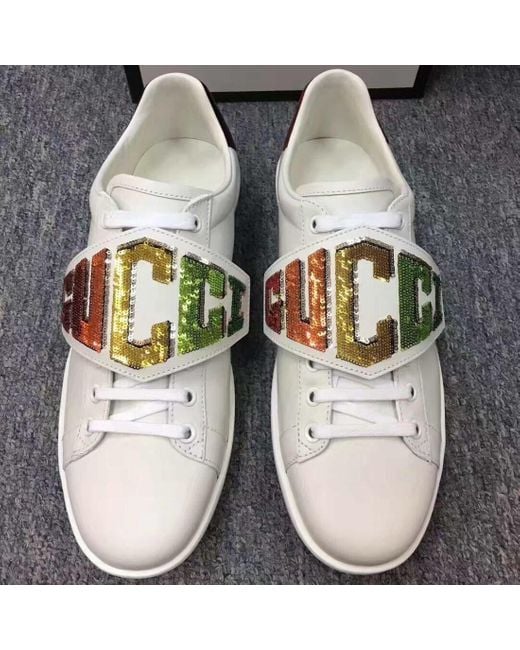 Gucci White Ace Detachable Bead Logo Kraft Shoes