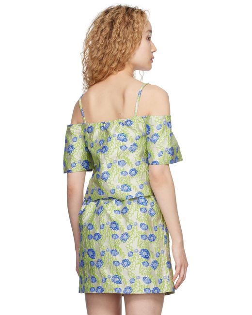 Ganni Green Floral Jacquard Off-Shoulder Blouse