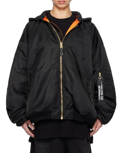 Vetements Black Hooded Bomber Jacket for men