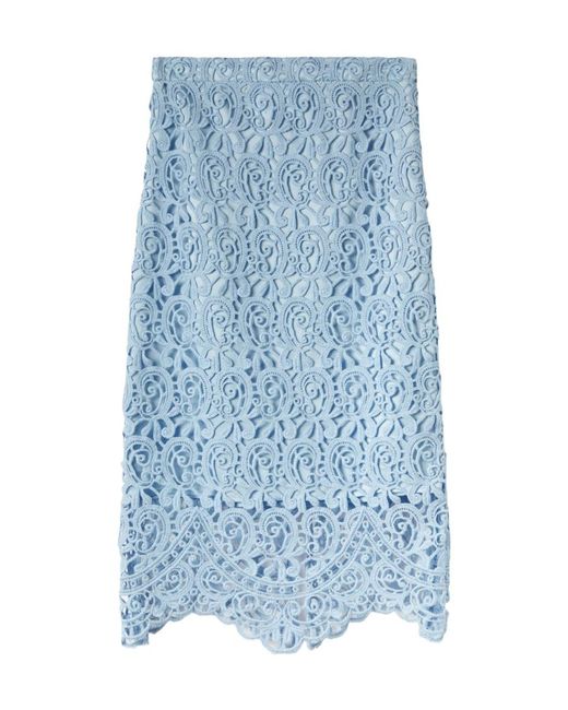 Burberry Blue High Waist Lace Embroidered Midi Skirt