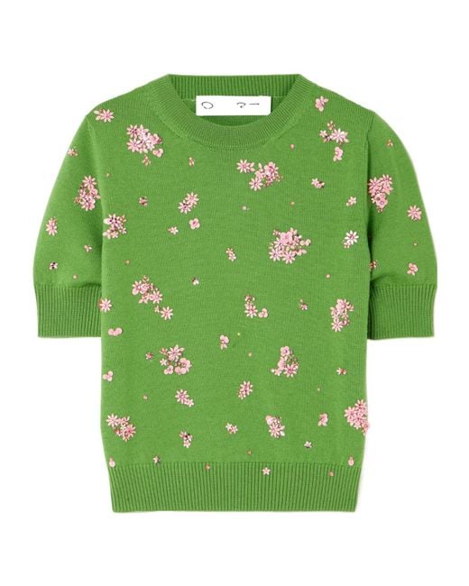 Oscar de la Renta Green Floral Crystal And Sequin-Embellished Wool Sweater