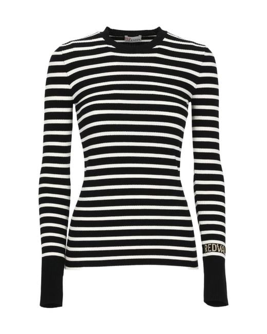 RED Valentino Black Round-Neck Long-Sleeved Striped Sweater