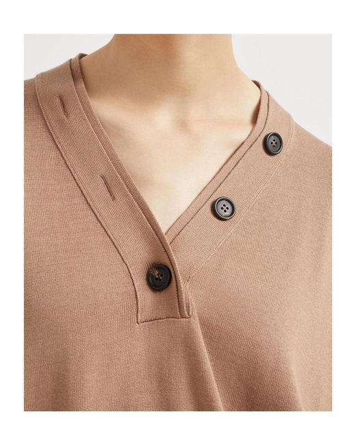Brunello Cucinelli Brown V-Neck Buttoned Jumper