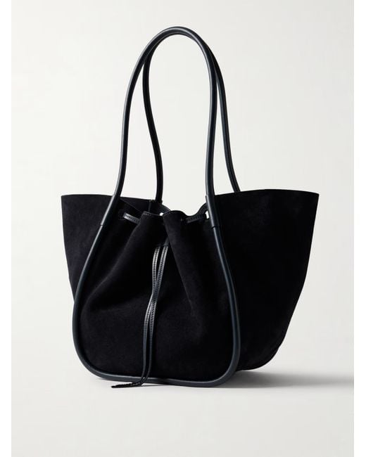 Proenza Schouler Black Large Leather-Trimmed Ruched Suede Tote