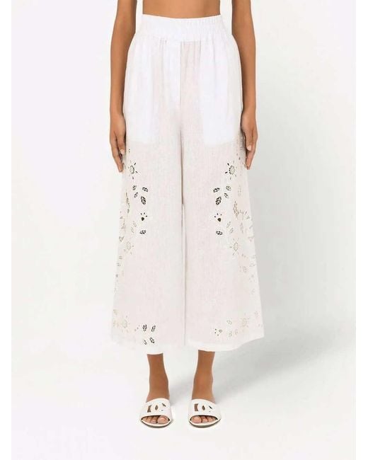 Dolce & Gabbana White Embroidered Wide Leg Poplin Pants