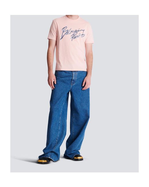 Balmain Pink Printed Cotton T-Shirt for men