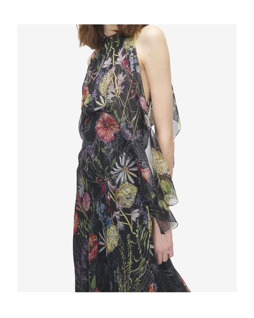 McQueen Multicolor Meadow Floral Print Asymmetric Evening Dress