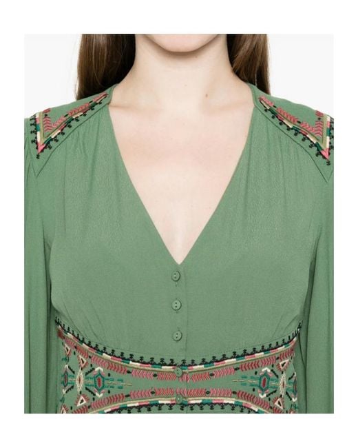 Ba&sh Green Embroidered V-Neck Dress