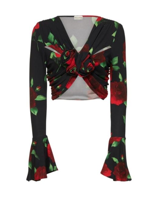 Magda Butrym Black Printed Jersey Long Sleeve Top W/Flowers