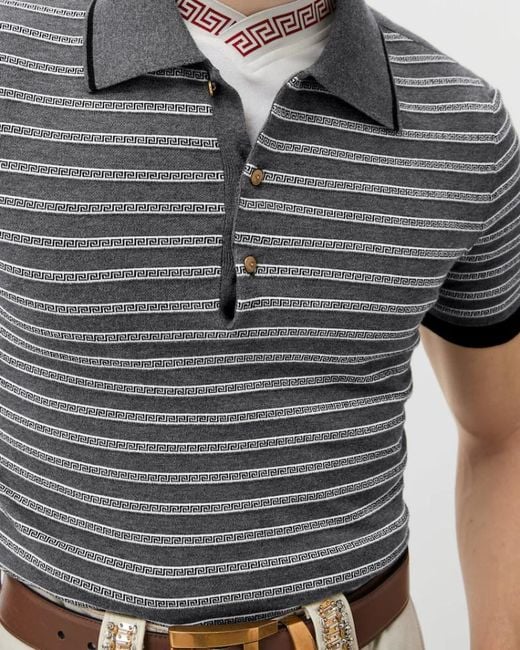 Versace Gray Greca Stripe Polo Shirt for men