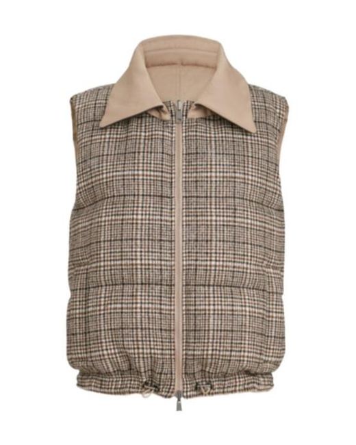 Brunello Cucinelli Brown Twill And Prince-Of-Wales Reversible Down Vest With Detachable-Leather-Collar And Monili