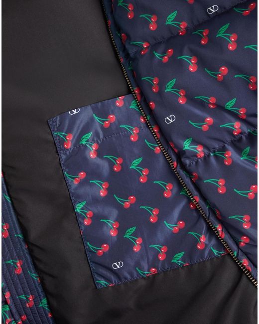 Valentino Blue Nylon Hooded Down Jacket With Cherryfic Print for men