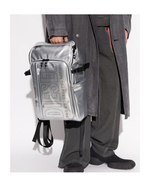 DIESEL Gray Logo Print Zip-Up Backpack for men