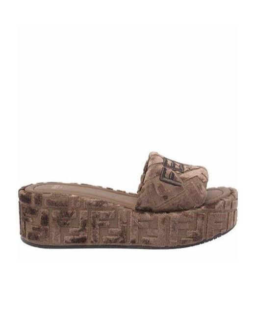 Fendi Brown Ff Logo Platform Slides
