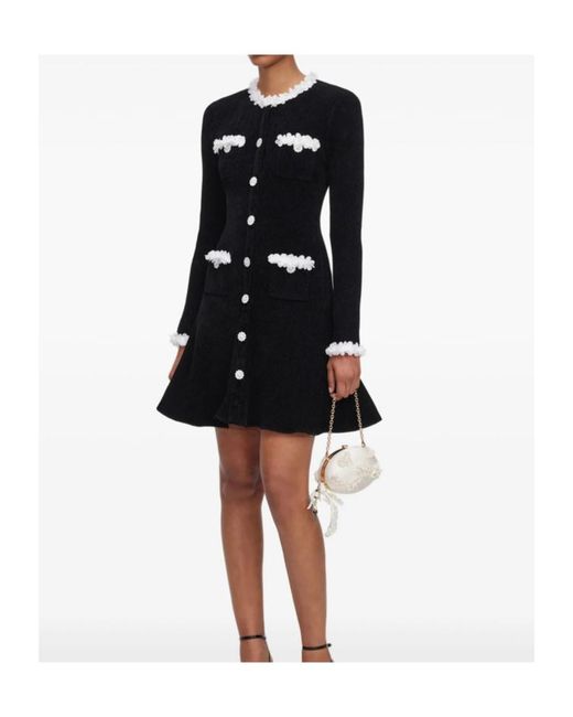 Self-Portrait Black Chenille Knit Flower Trim Mini Dress