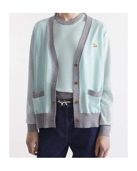 Maison Kitsuné Blue Maison Kitsuné Baby Fox Patch Color Block Knit Cardigan