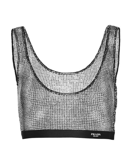 Prada Gray Embellished Mesh Cropped Top