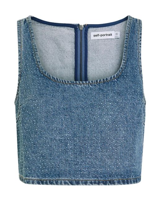 Self-Portrait Blue Crystal-Embellished Denim Crop Top