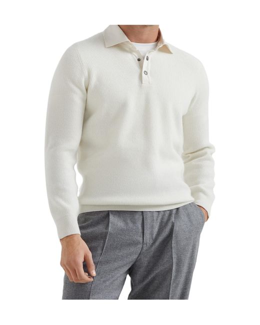 Brunello Cucinelli Gray English Rib Knit Twill Spread Collar Polo Shirt for men