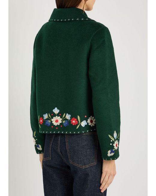 Rixo Green Jude Floral-Embroidered Wool-Blend Jacket