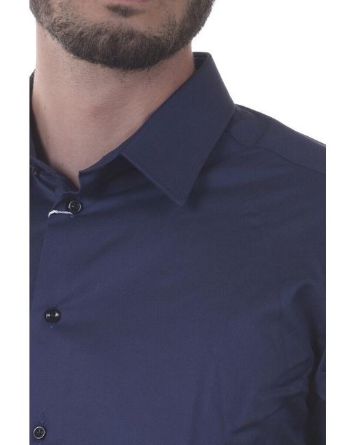 Armani Collezioni Blue Cotton Long-Sleeved Shirt for men