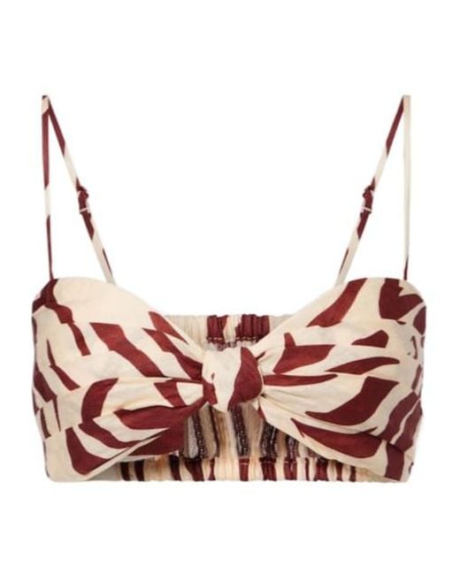 Johanna Ortiz Brown Pleated Printed Linen Bra Top